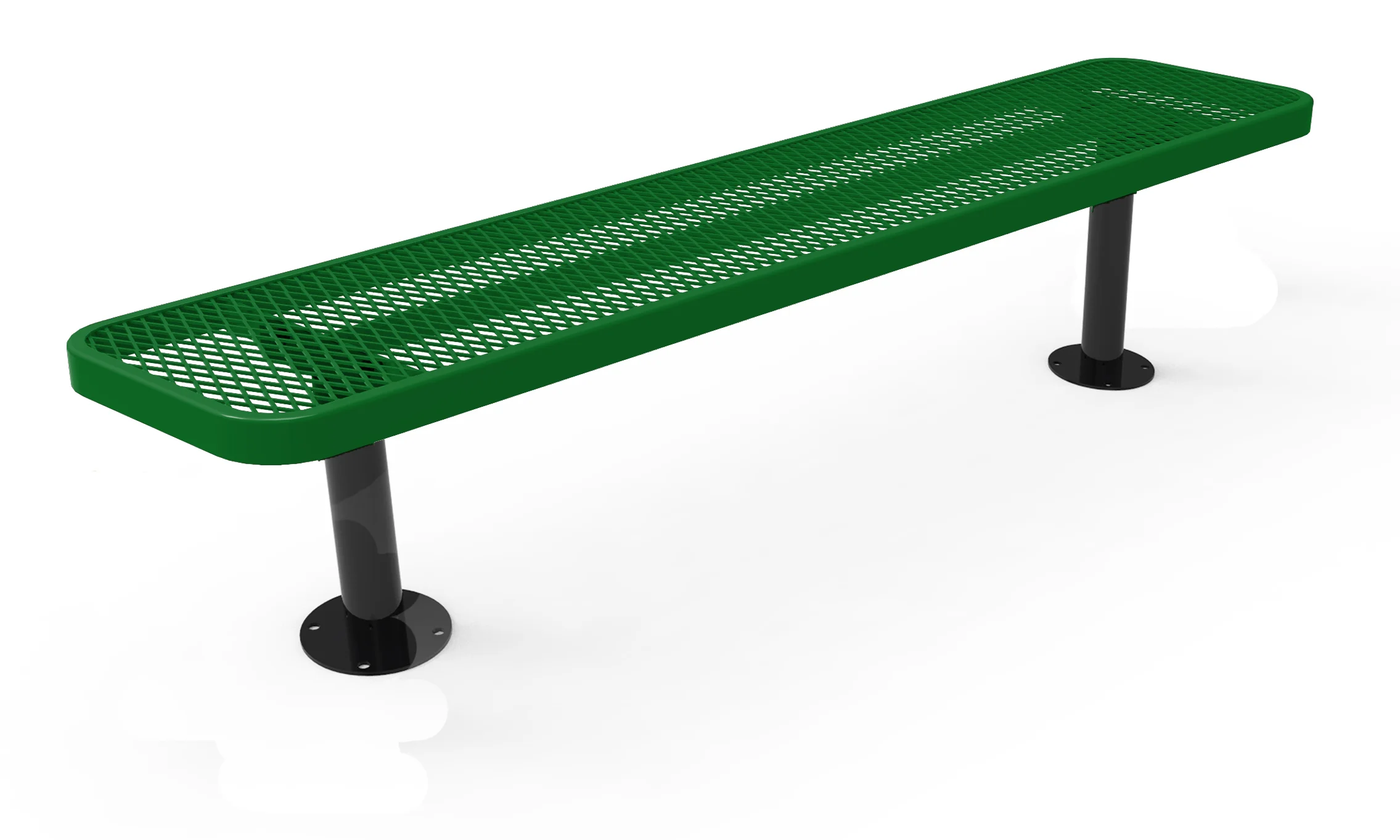 Green perforated metal bench on black legs.