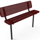 Red metal bench with perforated backrest and seat.