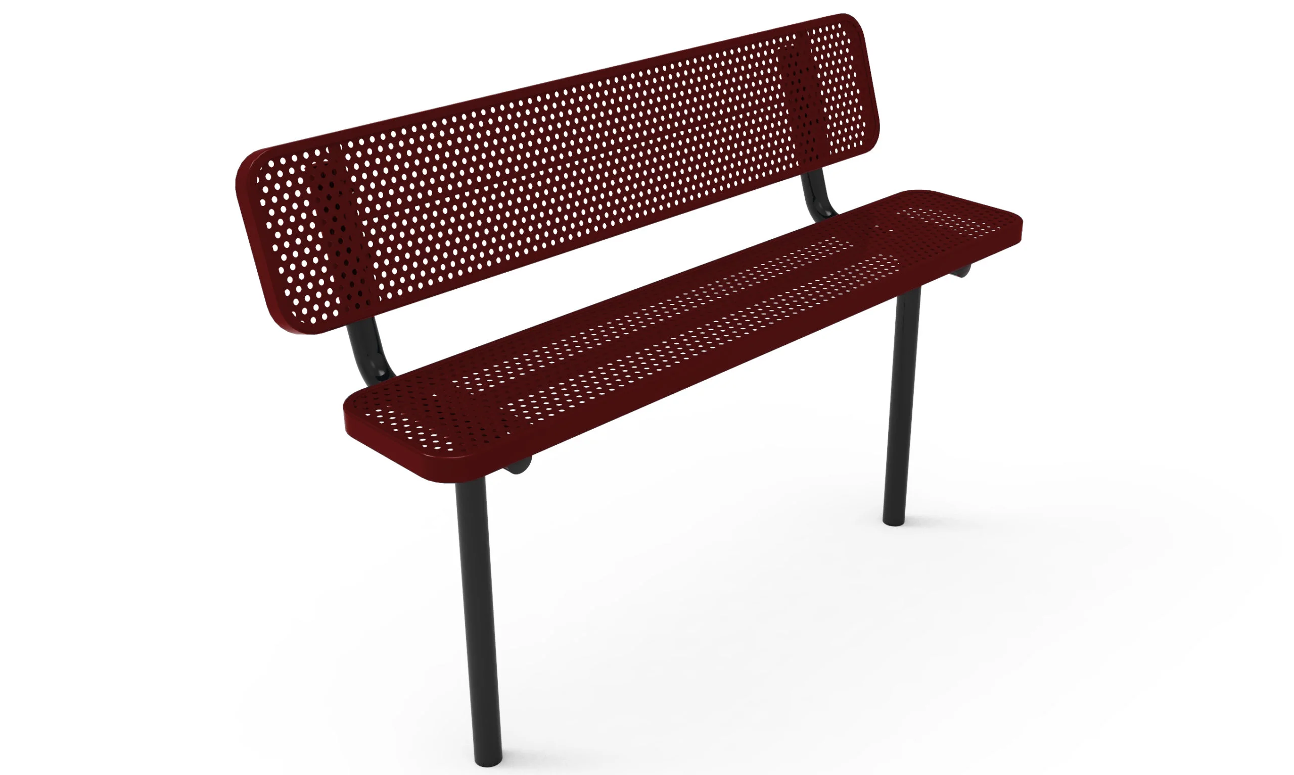 Red metal bench with perforated backrest and seat.