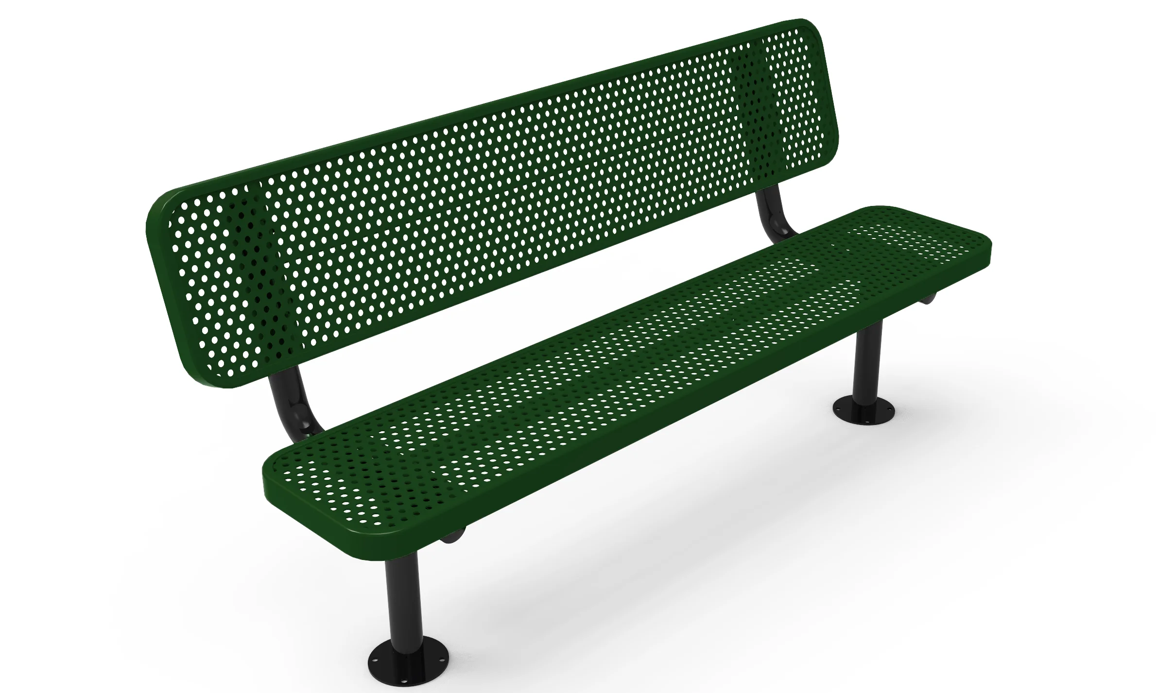 Green perforated metal bench on black legs.