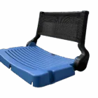 Blue and black foldable chair with mesh backrest.