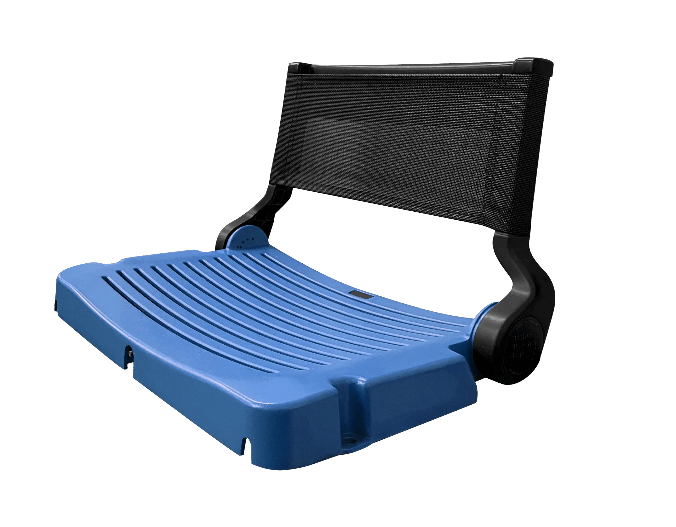 Blue and black foldable chair with mesh backrest.