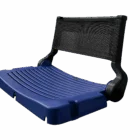 Blue and black folding chair with mesh backrest.