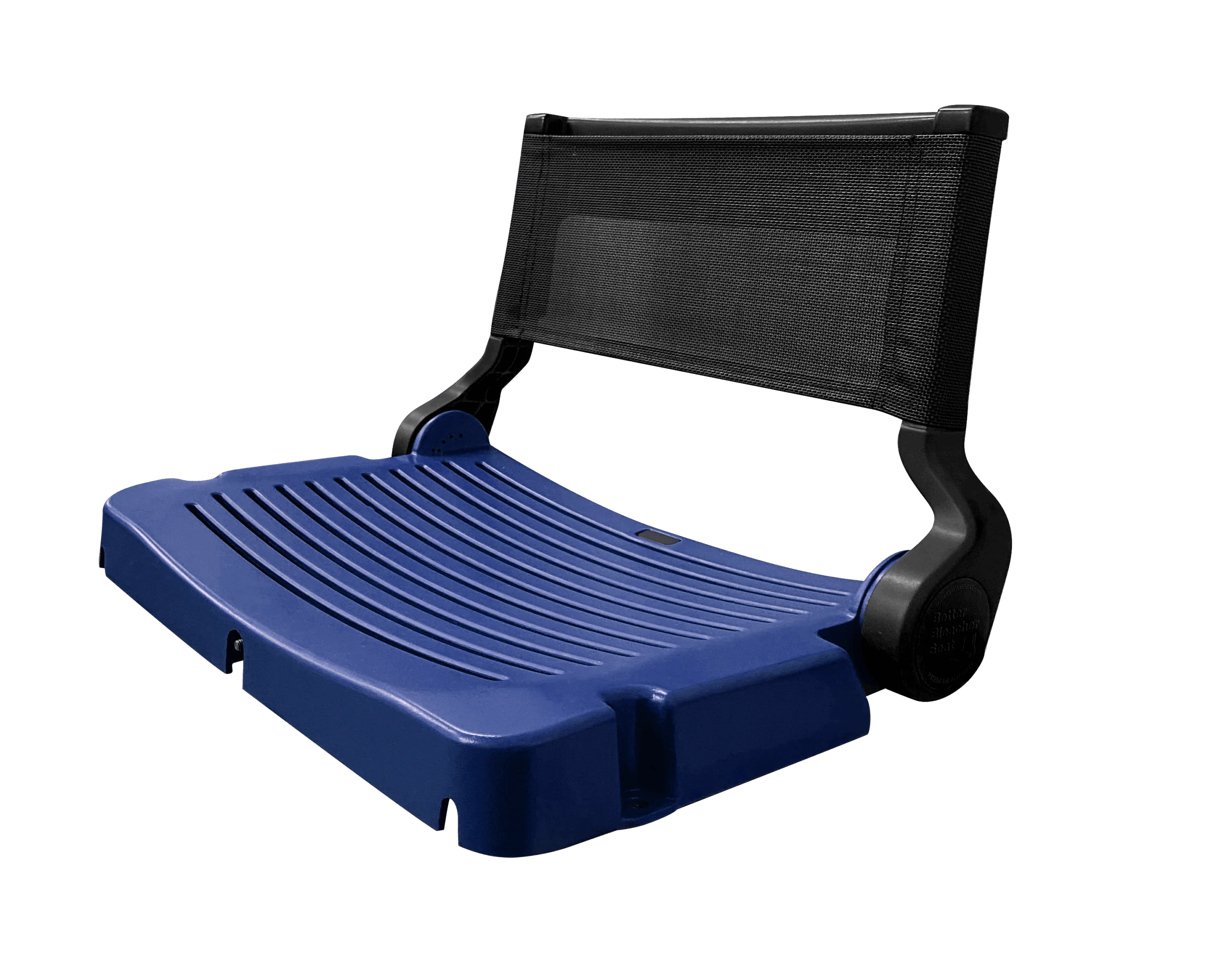 Blue and black folding chair with mesh backrest.