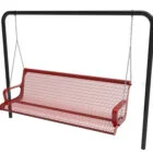 Red mesh swing bench hanging from black metal frame.