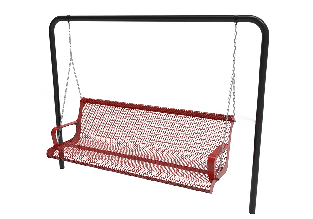 Red mesh swing bench hanging from black metal frame.