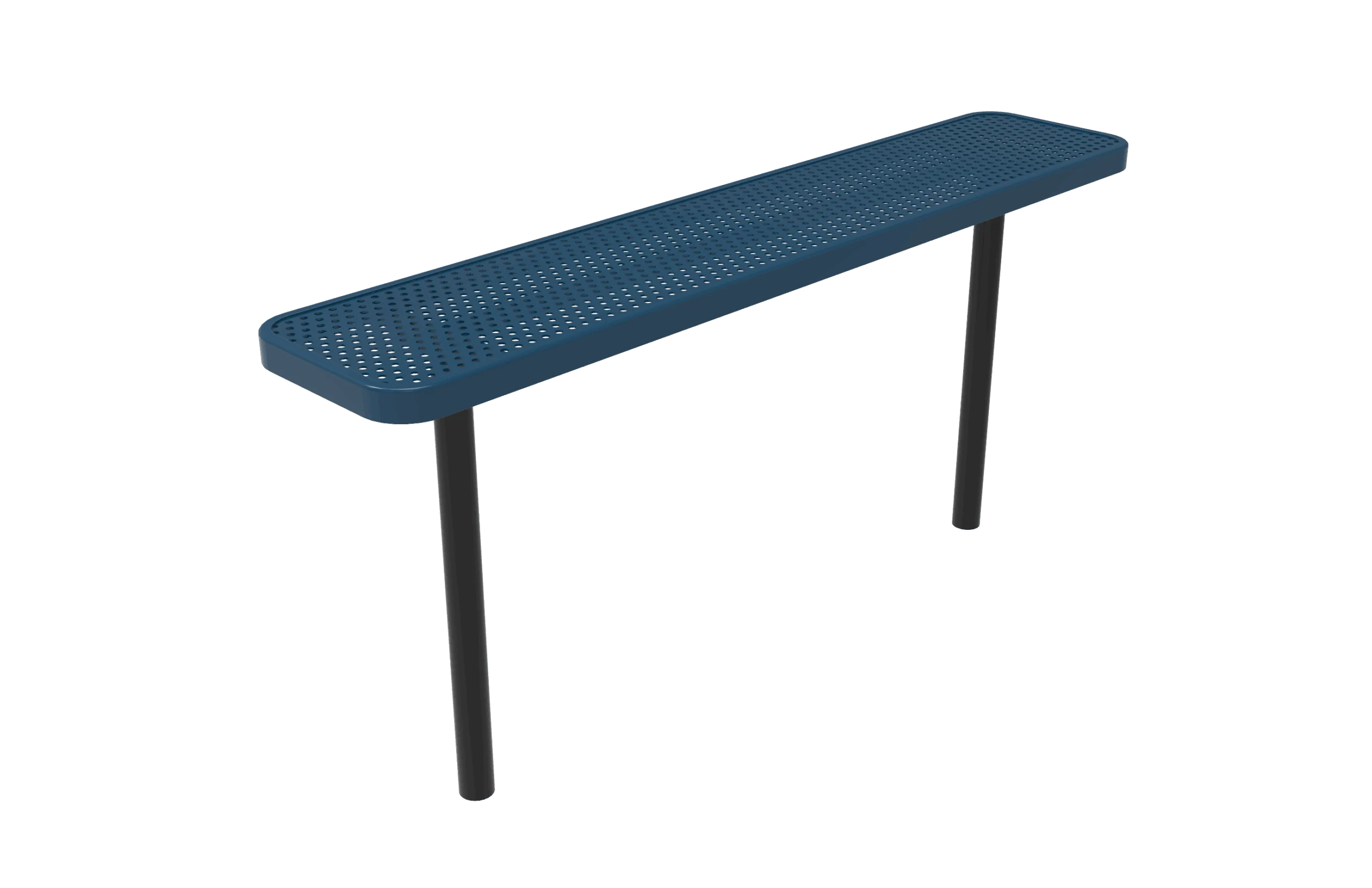 Blue bench with perforated top and black legs.