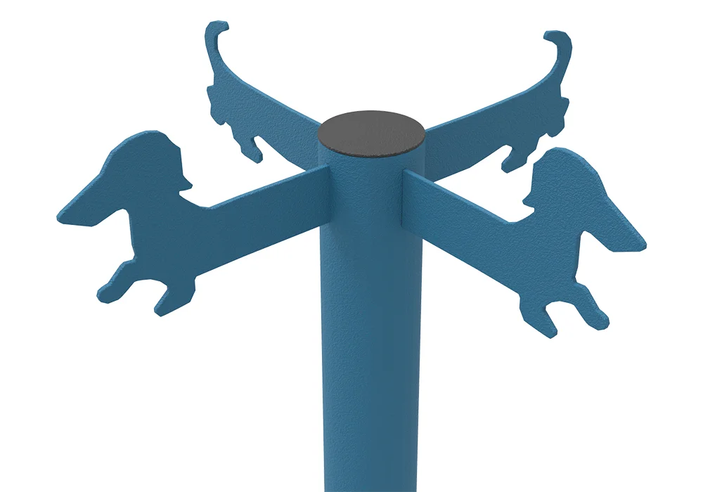 Blue wind vane with dog shapes pointing in different directions.