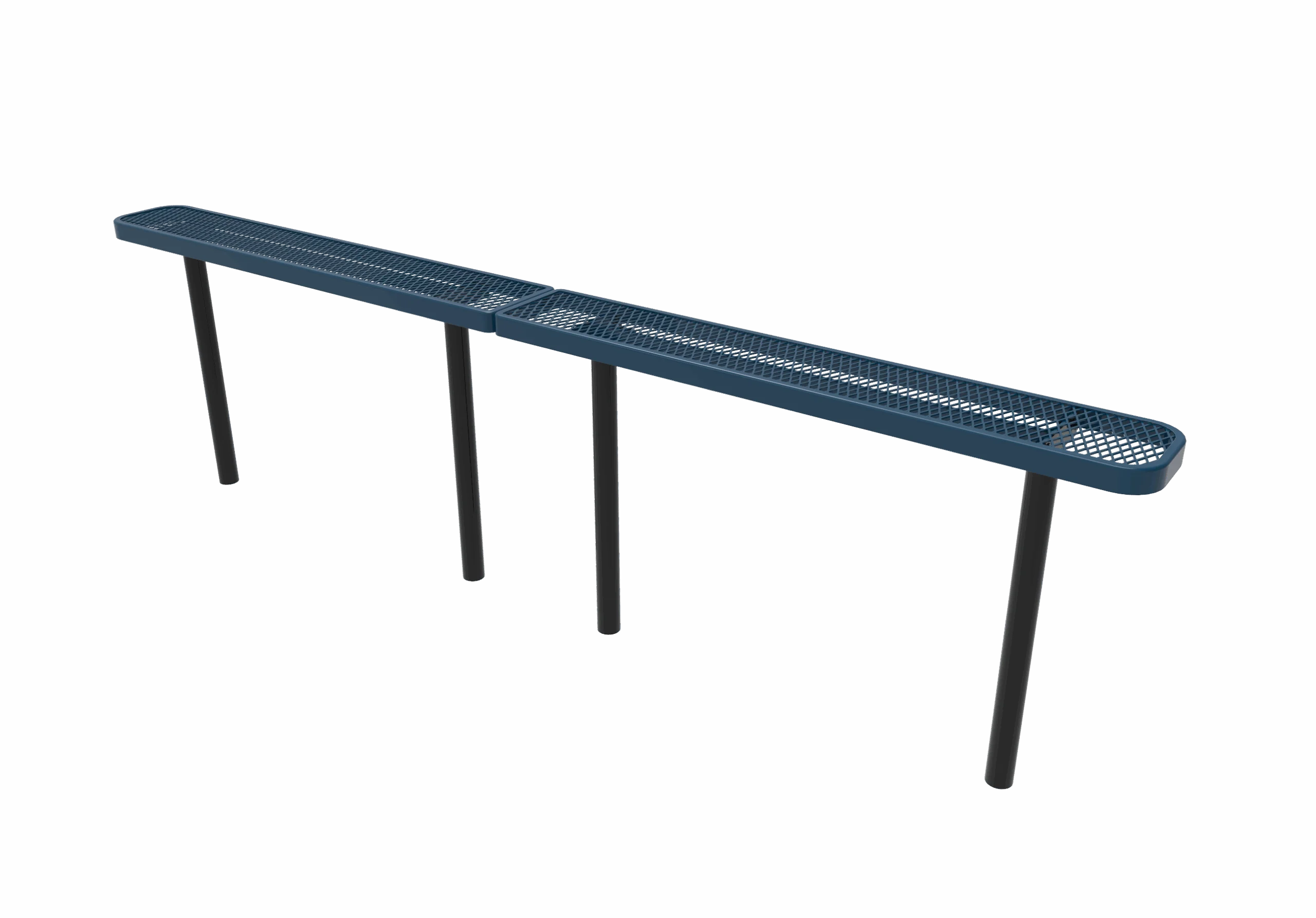 Blue metal bench with black legs.