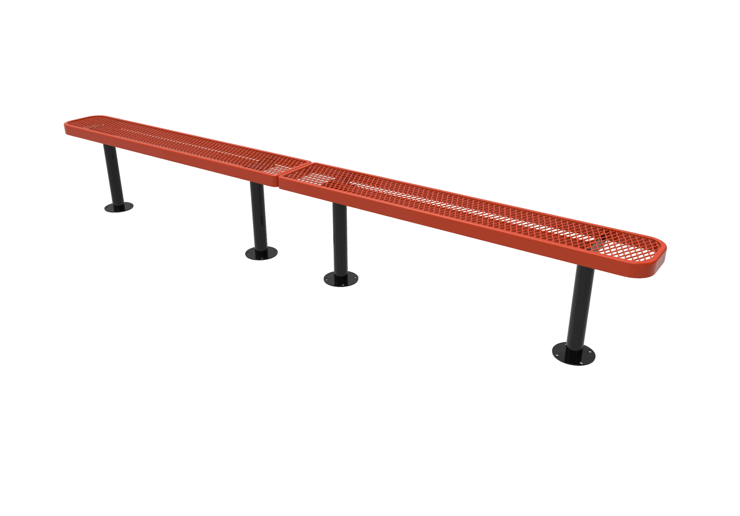 Red metal bench with black legs and perforated surface.