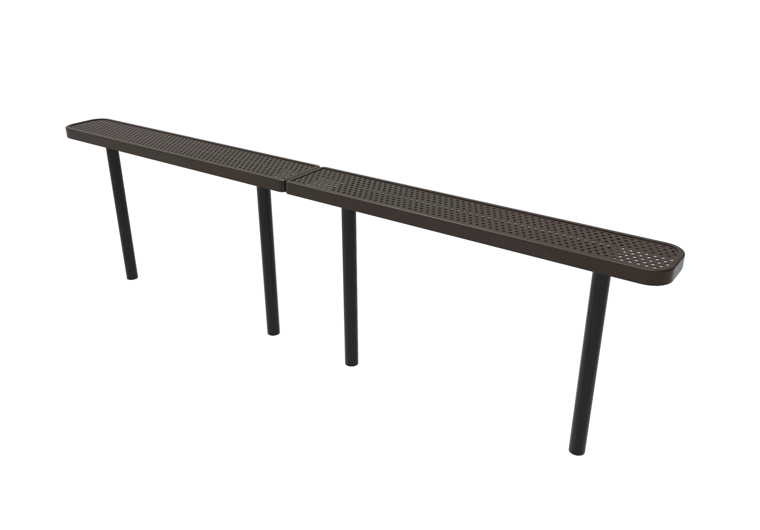 Long brown bench with black legs.