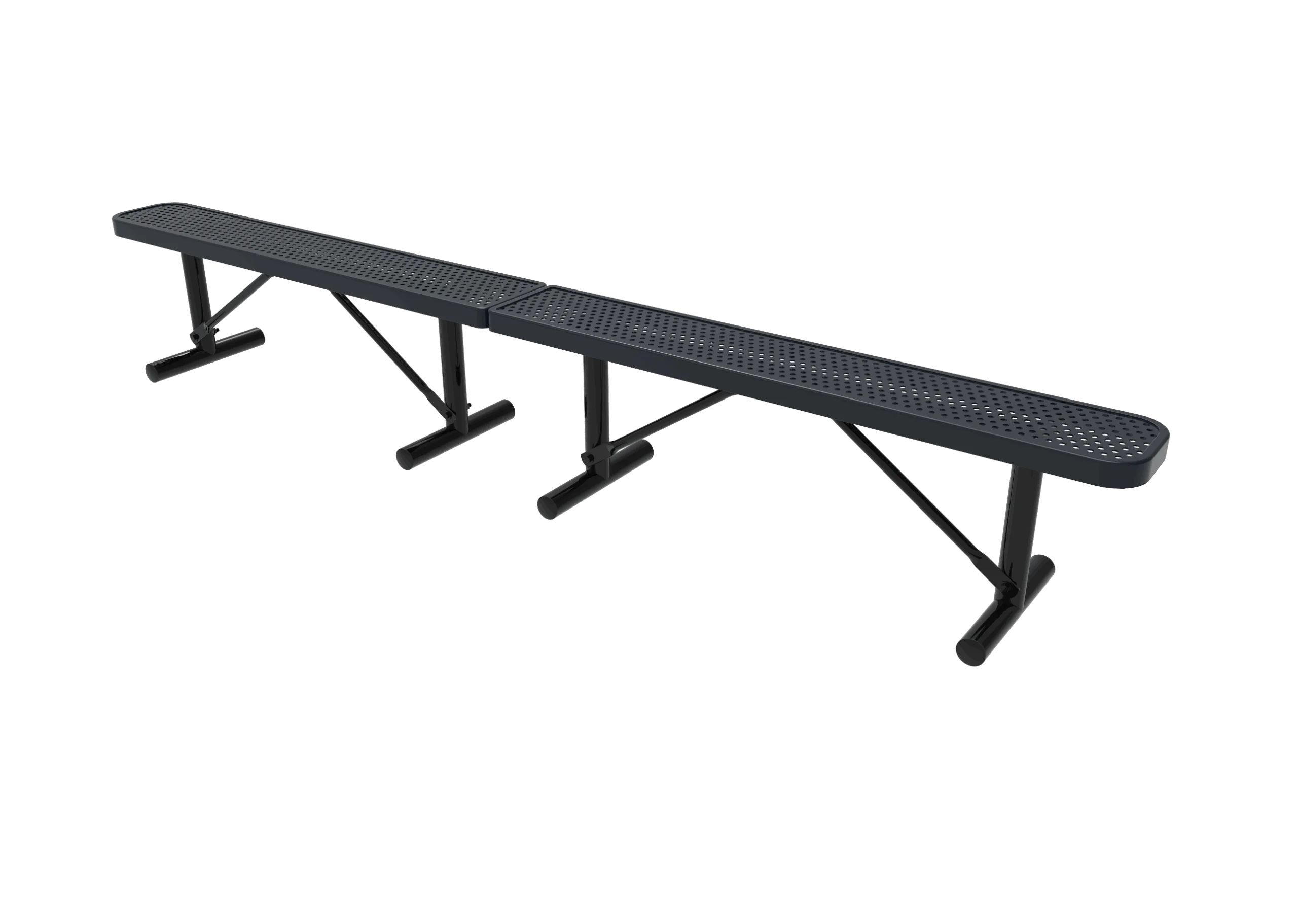 Black metal bench with perforated surface and four legs.