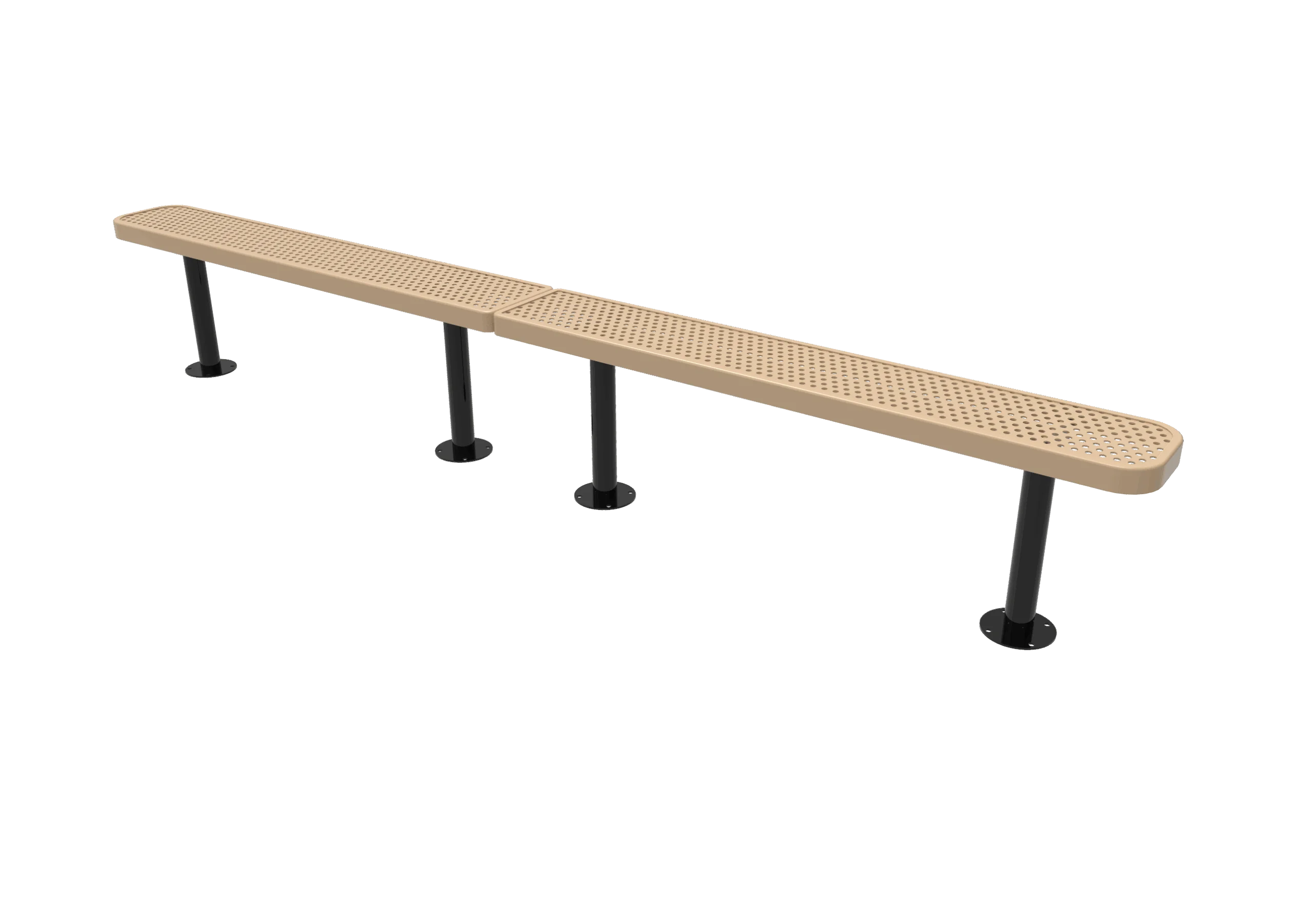 Long bench with perforated surface and black legs.