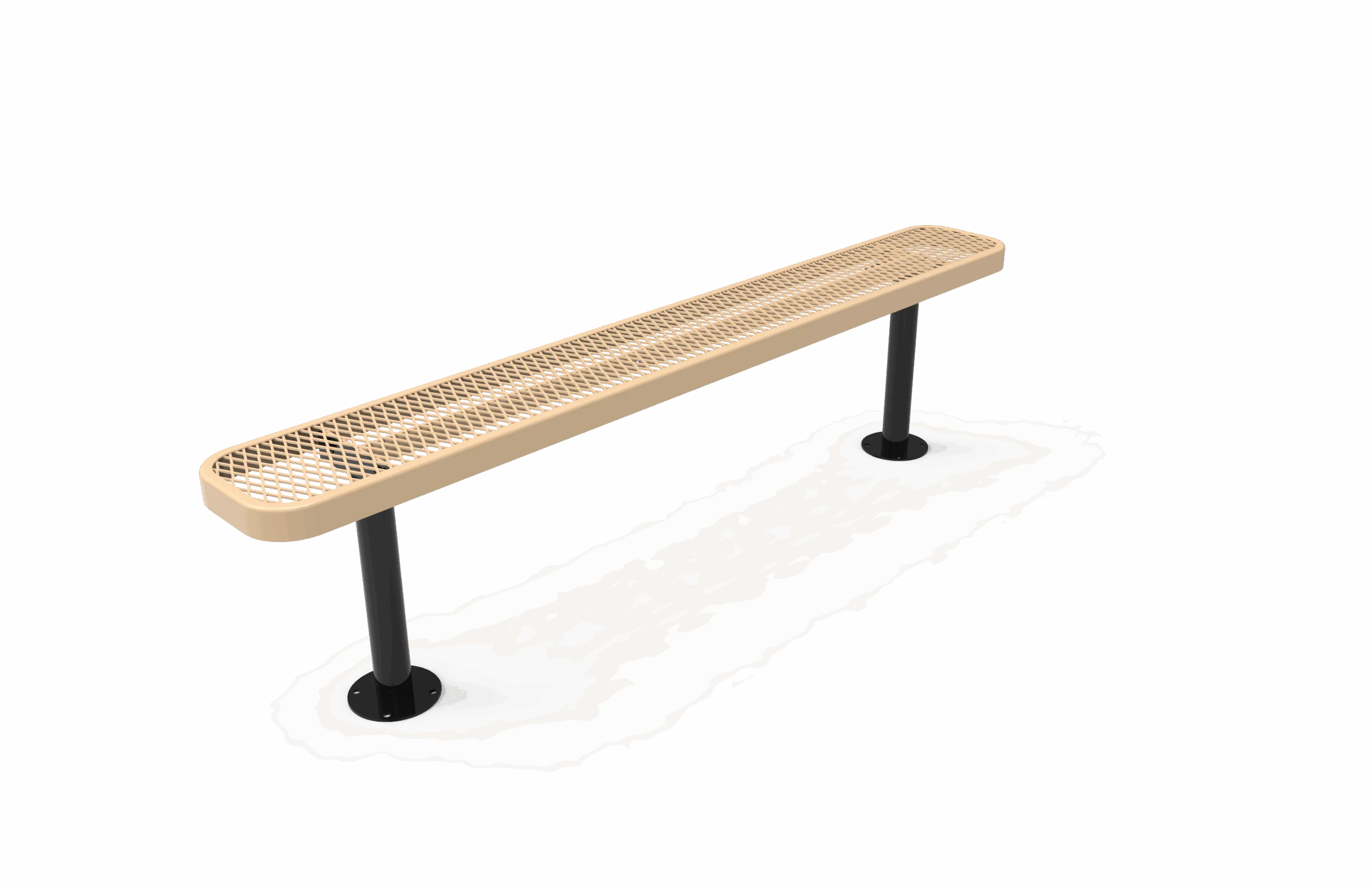 Long bench with perforated top and black legs.