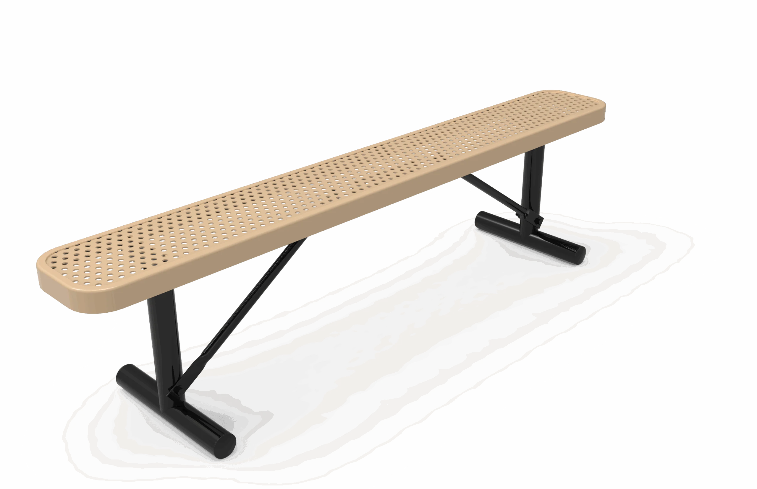 Beige perforated bench on black metal frame.