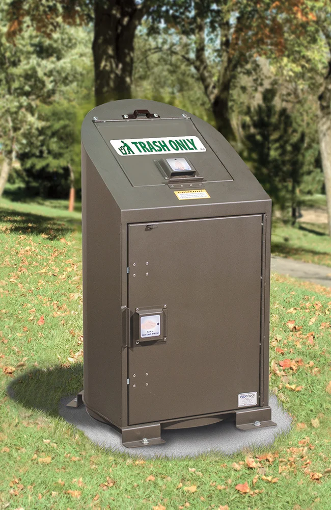 Trash bin in a park setting.