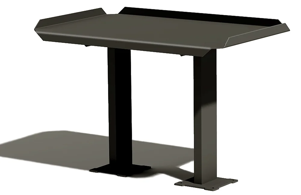 Black standing desk with adjustable height.