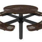 Round picnic table with perforated top and curved bench seats.