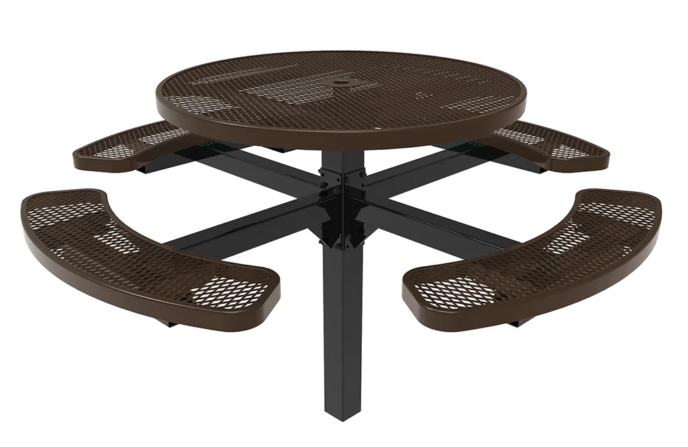 Round picnic table with perforated top and curved bench seats.