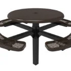 Round picnic table with perforated seats and a black base.