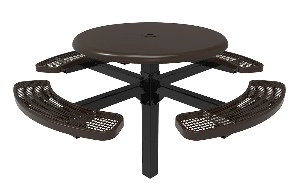 Round picnic table with perforated seats and a black base.