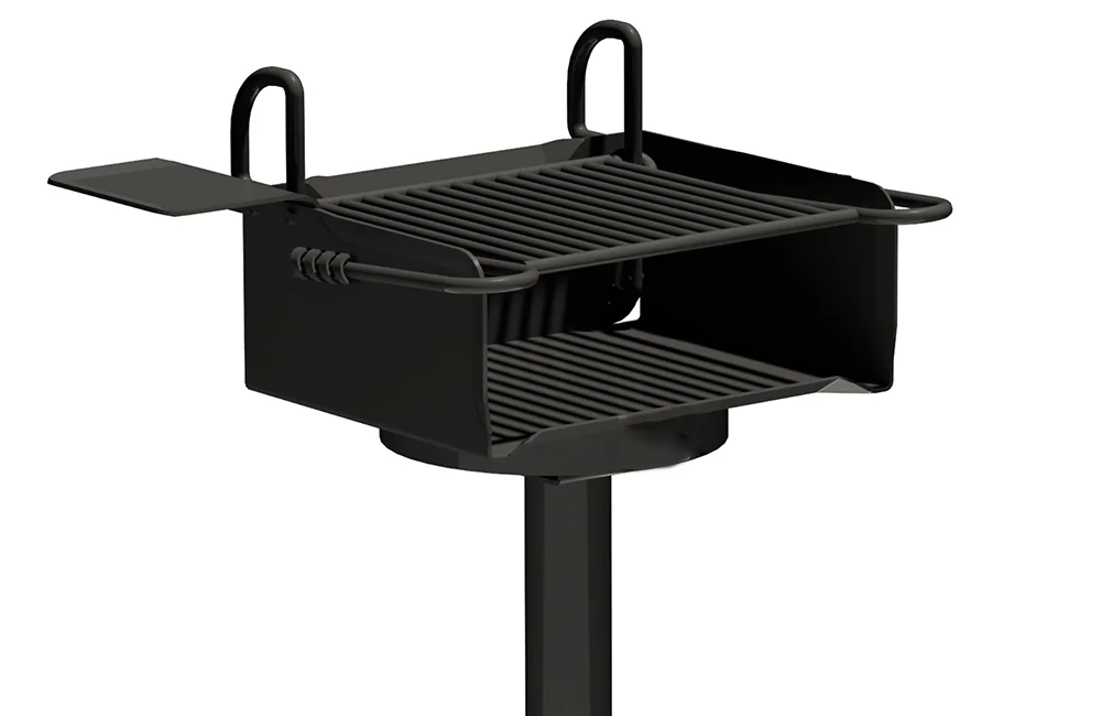 Black portable grill on a stand.