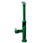 Solar-powered drinking fountain with a green pole and solar panel at the top.