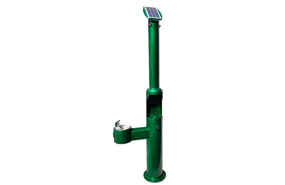 Solar-powered drinking fountain with a green pole and solar panel at the top.