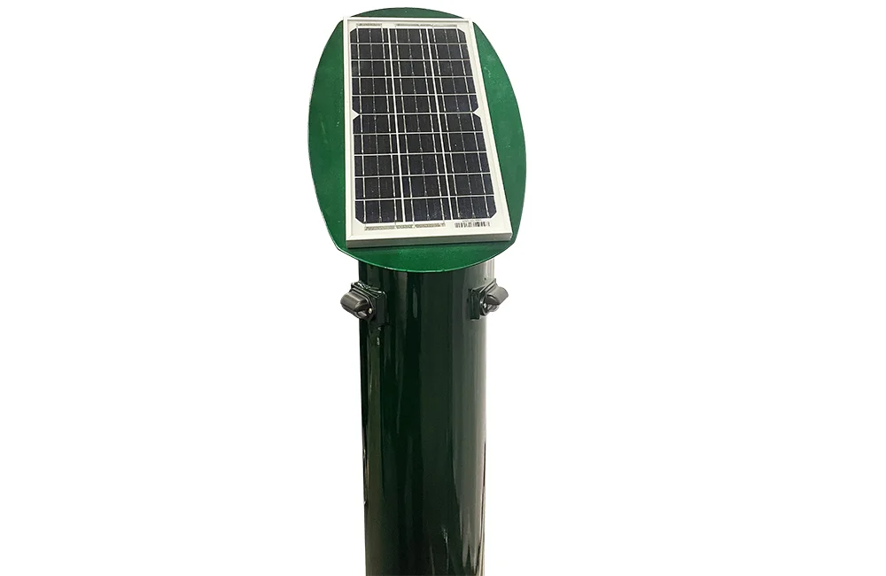 Solar-powered street light on a green pole.