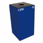 Blue recycling bin labeled CANS.