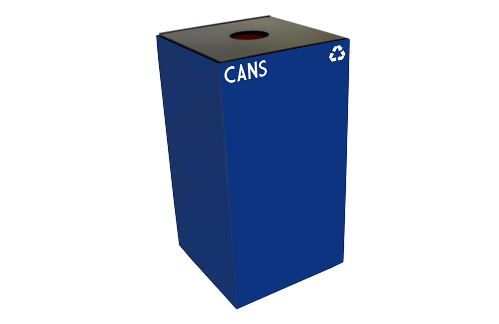 Blue recycling bin labeled CANS.