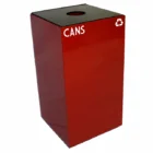 Red recycling bin for cans.