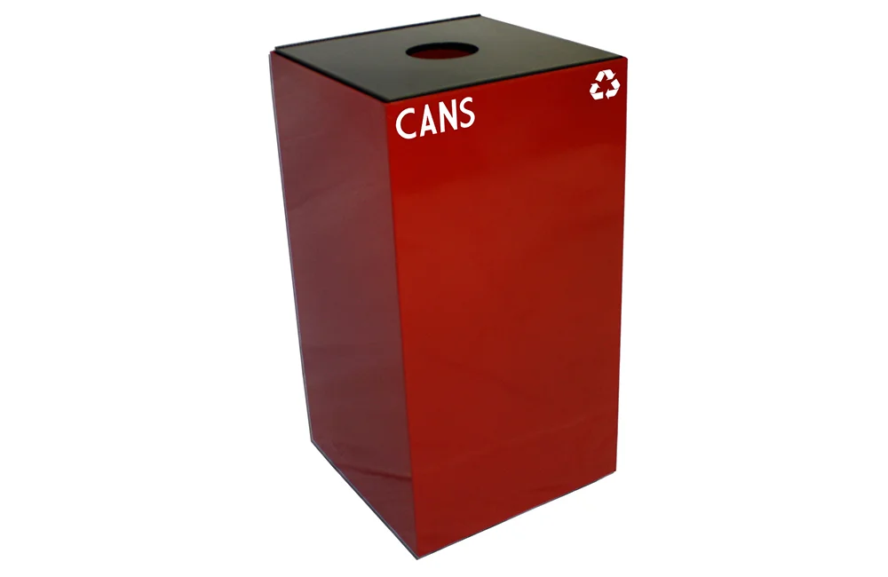Red recycling bin for cans.