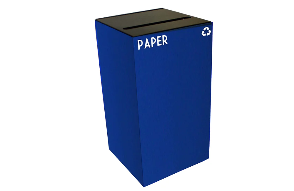 Blue paper recycling bin.