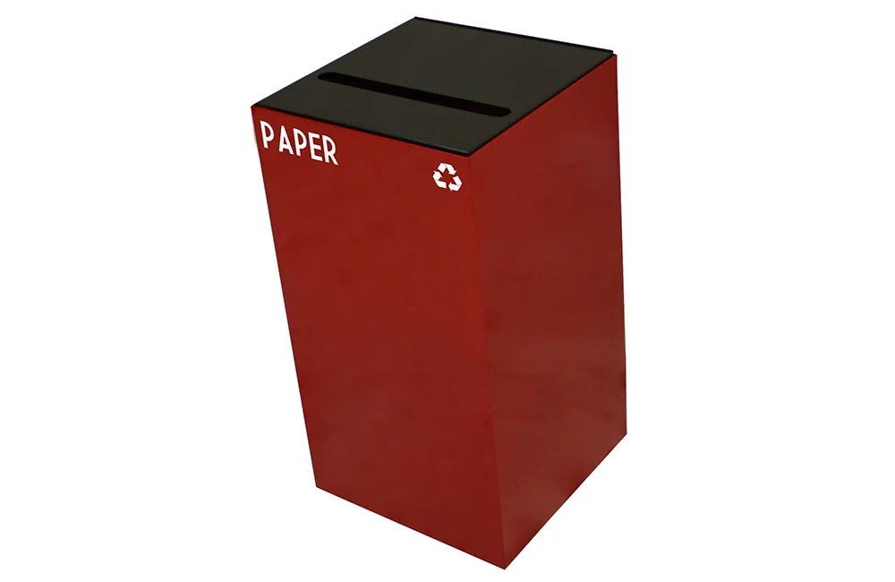 Red recycling bin labeled PAPER.