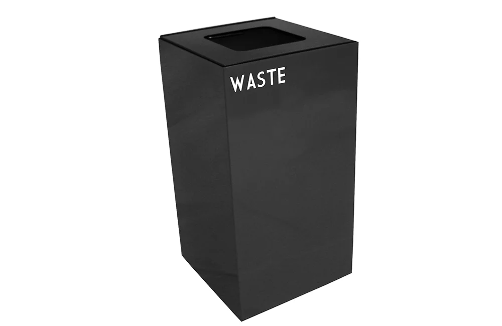 Black waste bin with a clear lid.