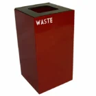 Red waste bin with WASTE written on it.