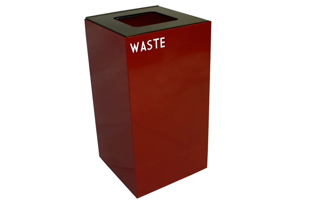 Red waste bin with WASTE written on it.