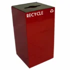 Red recycling bin with 'RECYCLE' and a recycling symbol.