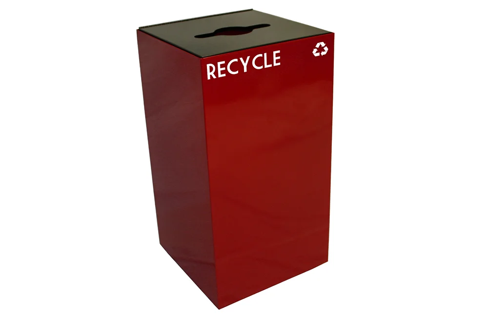 Red recycling bin with 'RECYCLE' and a recycling symbol.