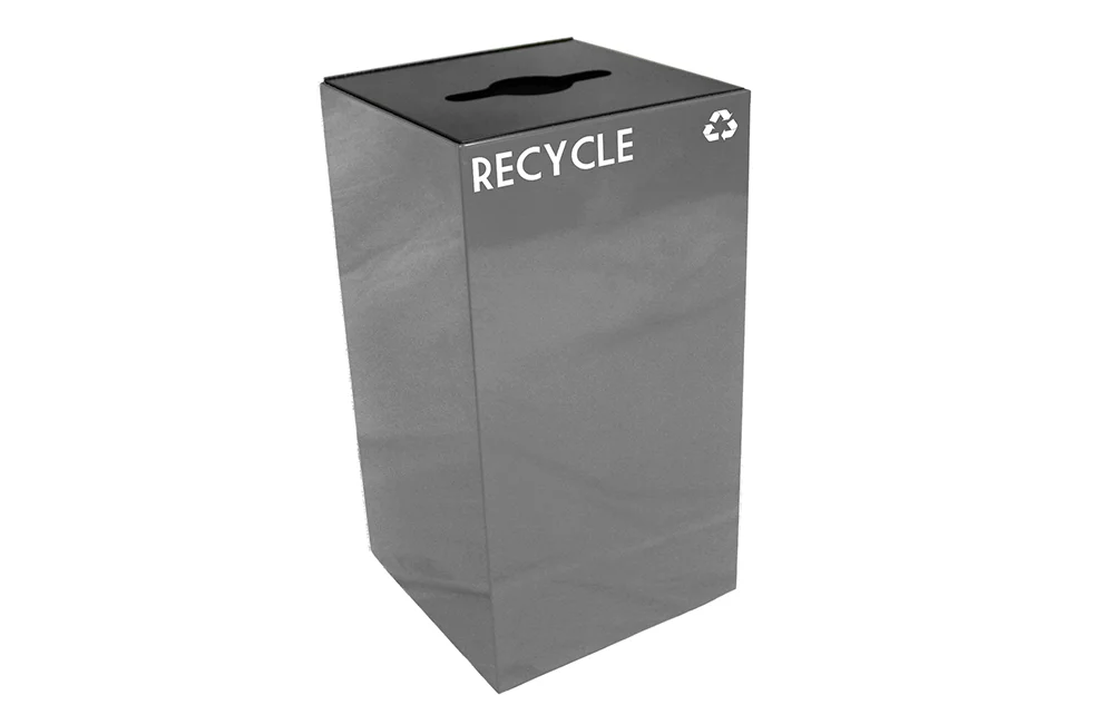 Recycling bin with 'RECYCLE' and recycling symbol on top.
