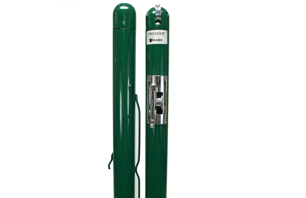 Green metal poles with a silver lock mechanism.