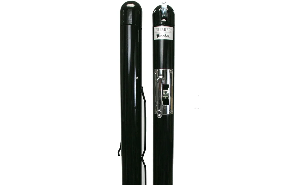 Black pool cue case with a clear window and branding.
