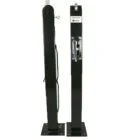 Black guitar stand with a strap and metal bracket.