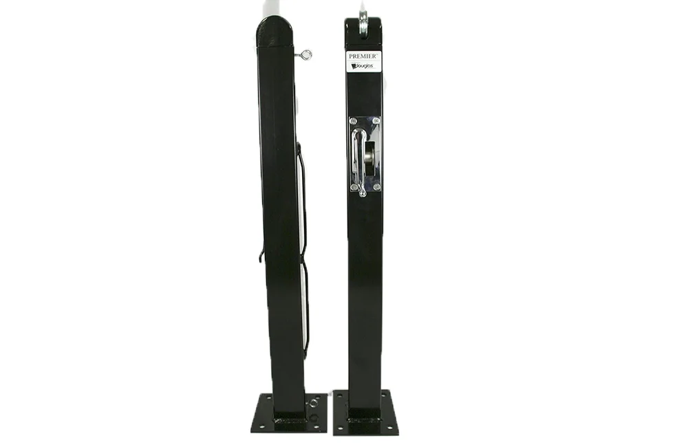 Black guitar stand with a strap and metal bracket.
