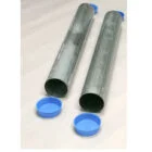 Two metal pipes and two blue caps on a white surface.