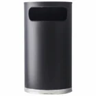 Black cylindrical trash can on a white background.
