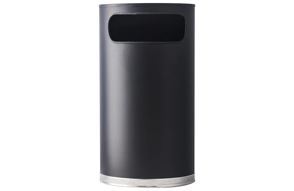 Black cylindrical trash can on a white background.