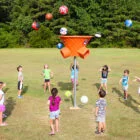 Children playing with colorful balls in a field.