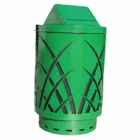 Green trash can with grass design.